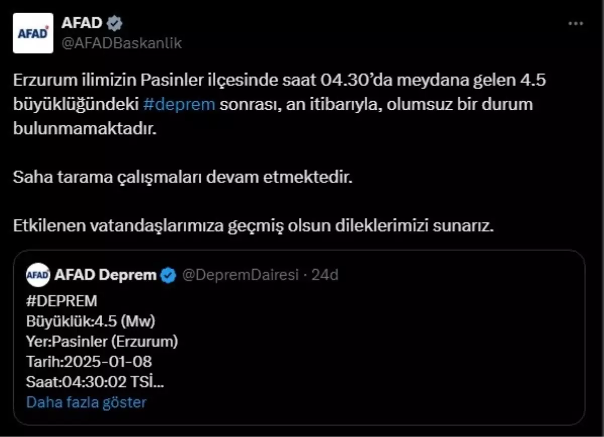 AFAD’dan Erzurum Depremi Açıklaması